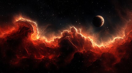 Fototapeta premium Fiery nebula backdrop with a planet in outer space