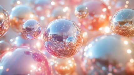 A symmetrical arrangement of metallic spheres in soft pastel lighting