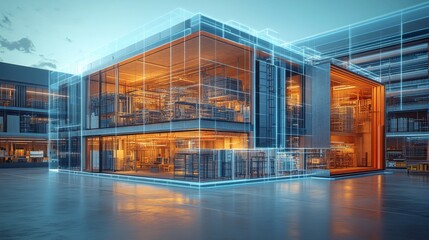 A contemporary warehouse structure is illuminated with warm light, surrounded by a digital blueprint showcasing its design and interior. The setting emphasizes both technology and functionality.