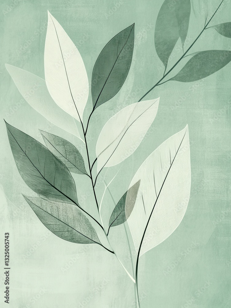 Fototapete elegant botanical line art on a soft green background with subtle leaf textures designed with eco-fr