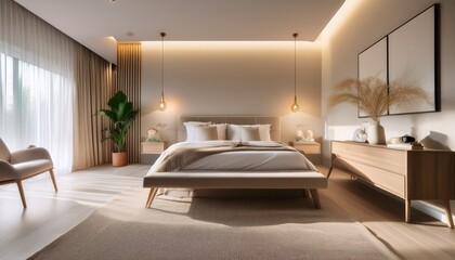 A cozy yet modern bedroom with soft neutral tones, a plush bed, and minimalist furniture. The room is illuminated by accent lighting, creating a serene and inviting atmosphere that emphasizes comfort 
