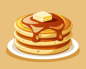 stack of fluffy pancakes with syrup and butter, on a light cream background.