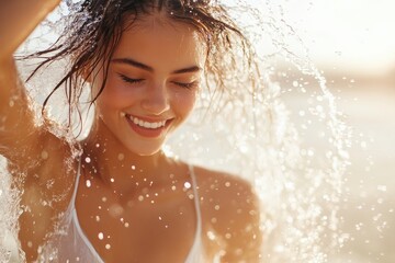 Obraz premium Joyful young woman splashing water while enjoying a sunny beach day in a vibrant ocean setting with waves catching the sunlight