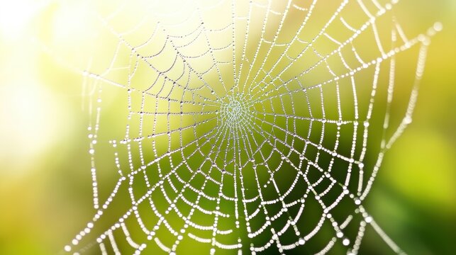 Beautiful spider web in wild field with dew in morning in Spring.