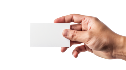 Hand holding blank business card with transparent background