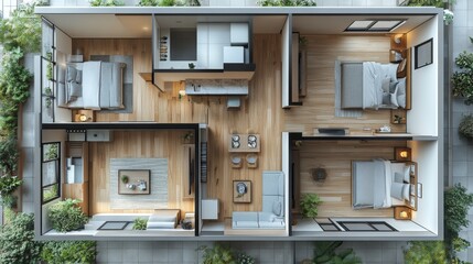 A contemporary house layout featuring an open concept kitchen and living area, two cozy bedrooms, and green outdoor spaces, emphasizing a connection with nature and light.