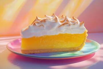 Bright yellow lemon meringue pie slice on a colorful plate against a soft pastel background
