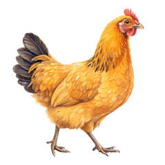 Realistic golden hen standing in profile with detailed feathers and natural colors showcasing the...