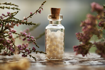 A bottle of white homeopathic globules with pink flowers and herbs