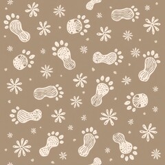 A playful seamless tillable pattern featuring footprints and flowers on a beige background