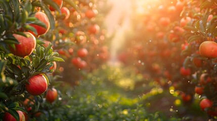 Apple orchard with ripe red apples under warm sunlight