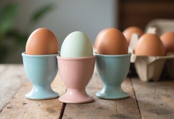 Fresh eggs in pastel egg cups on a rustic wooden table