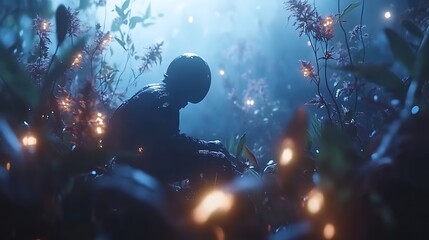 Figure exploring mystical forest, looking for objects, ambient