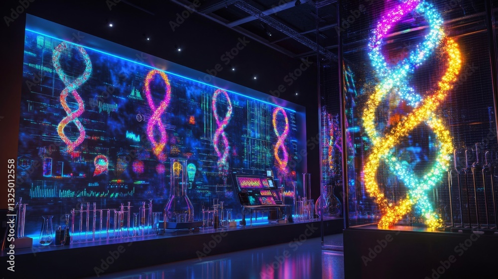 Poster A vibrant lab showcases advanced technology where artificial intelligence interplays with biological concepts.