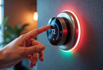 A person adjusting a smart thermostat displaying a temperature of 72 degrees