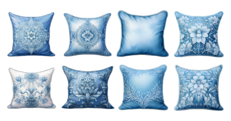 Blue Decorative Cushions with Floral Designs and Patterns, PNG bundle collection, Isolated on Transparent Background