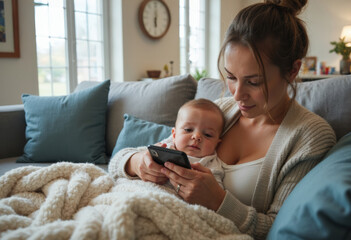 A mother cuddles her baby while using a smartphone on the couch