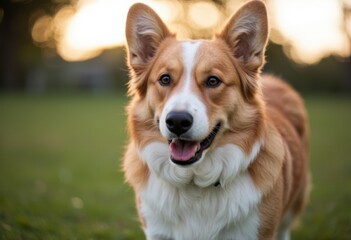 A happy corgi dog standing on green grass during sunset