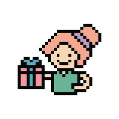 Cute pixel cartoon 8bit character woman give gift box birthday christmas bonus reward surprise decoration 8 bit female girl give gift box shopping bonus christmas day game png vector.