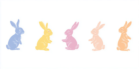 Cute spring Easter bunnies shapes colorful vector illustration. Simple icons of a rabbit hopping, sitting, jumping, rearing on hind legs. Easter bunny rabbit silhouettes. Soft spring color palette.