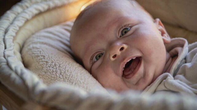 A close-up of a newborn baby laughing while lying comfortably in a soft, cushioned bassinet with warm lighting and a peaceful, cozy atmosphere
