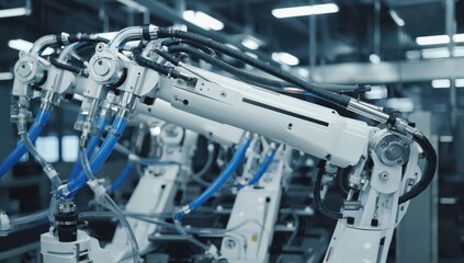 Advanced robotic arms are engaged in tasks on an assembly line within a contemporary manufacturing facility. The setting is well-lit and equipped with high-tech machinery