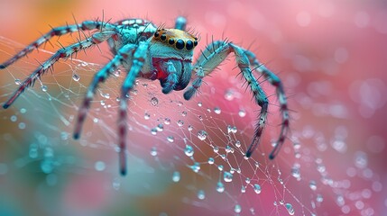 Vibrant Spider on Dew-Kissed Web