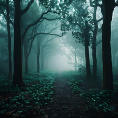 Obraz premium Misty Forest Pathway Bathed In Ethereal Morning Light