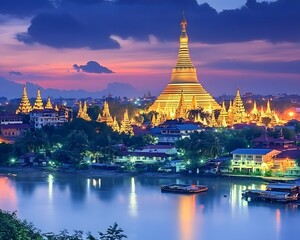 Naklejka premium Serene twilight view of a golden pagoda and cityscape reflecting in water with vibrant clouds