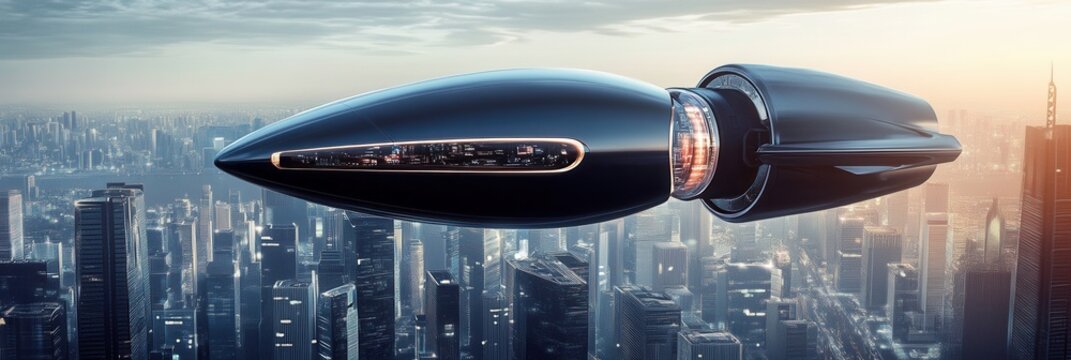 Futuristic spaceship hovering over a sleek cityscape with glowing engine, showcasing advanced technology and architecture at dusk