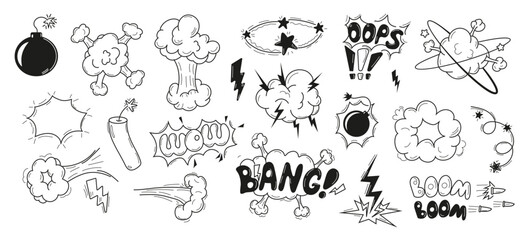 boom effects and explosion elements. Comic-style zap, bam, and smoke sketch elements for dynamic designs. Perfect for illustrations, comics, cartoons, and graphic design