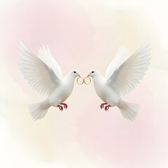 Fototapeta premium Two white doves holding wedding rings in their beaks against a soft, pastel background.