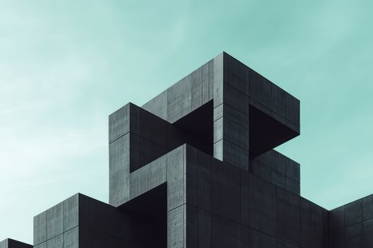 A minimalist architectural marvel with dark gray concrete blocks and clean, angular lines