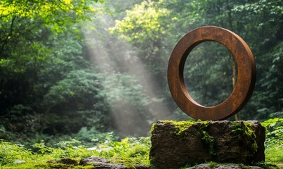 Rustic Metal Circle Sculpture in Forest Setting
