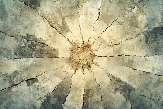 A cracked, weathered surface, possibly concrete or stone, shows radial cracks emanating from the center. - Powered by Adobe