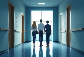 Fototapeta premium Animated Business Scene in Hospital Office Setting: Three Dressed Men Walking Down BlueWalled Hall. A group of people walking down a long hallway.