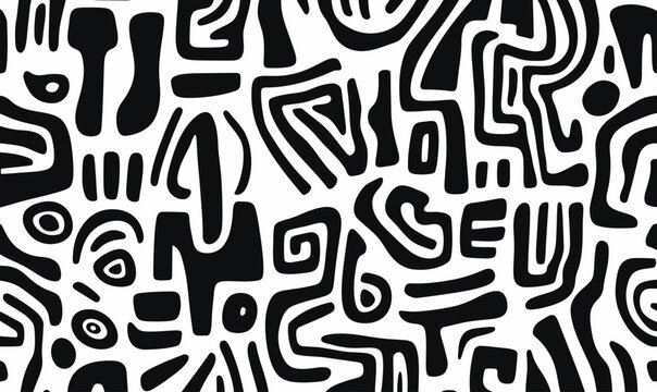 Seamless Abstract African Tribal Texture, Black and White Minimalist Vector Pattern