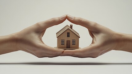 Hands Holding Wooden Architectural Model of Modern House, Two hands holding a small wooden architectural model of a modern house