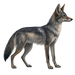 Realistic illustration of a wild coyote standing in profile isolated on white background perfect for wildlife enthusiasts nature lovers and stock photography showcasing wild canine species