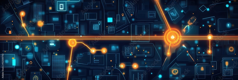Leinwandbilder digital city map showcasing delivery icons and tracking routes with a glowing path to a home in a fu