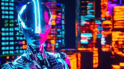 Futuristic android analyzing data streams, standing amid luminous urban digital landscape with pulsing neon technological interface - Powered by Adobe