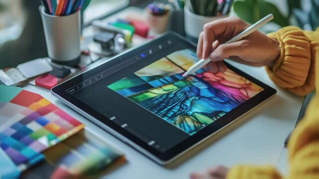Professional artist wearing yellow sweater drawing an abstract and colorful painting using a tablet and stylus pen with color charts on a white table