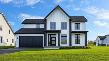 Obraz premium A minimalist two-story modern farmhouse with frosted white paint and clean black window frames