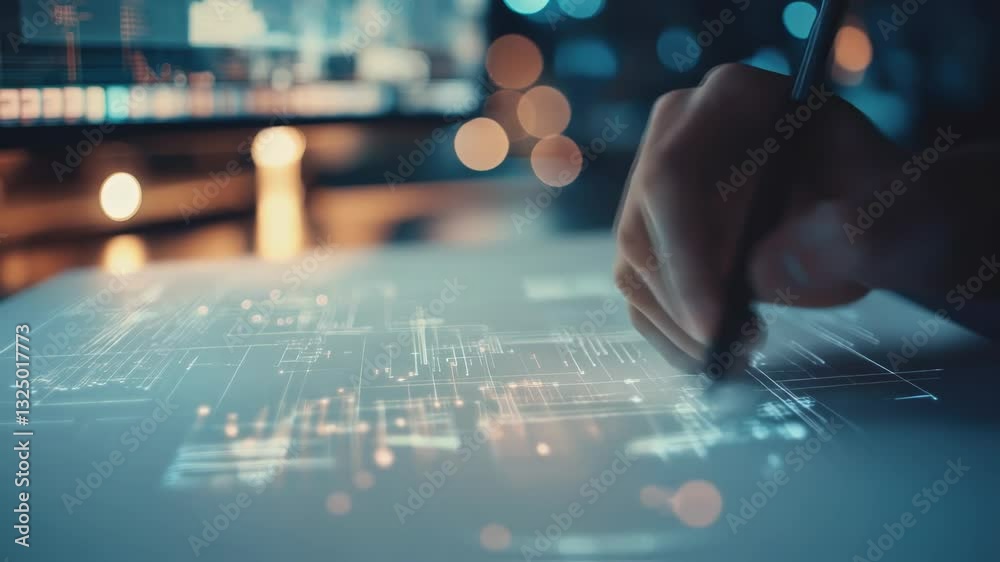 Poster interactive touchscreen table showing complex circuit board design being edited by an engineer with 