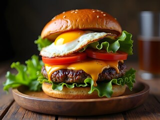 burger with egg on a rustic wooden plate