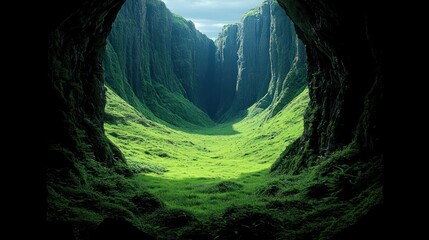 Enigmatic Green Valley Seen from a Cave