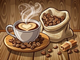 vector of  Cup of coffee with heart shape smoke and coffee beans on burlap sack on old wooden background