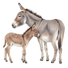 Obraz premium Adorable donkey mother and baby foal standing together isolated on white background perfect for farm animal lovers rural life enthusiasts and stock photography showcasing family bond and nature