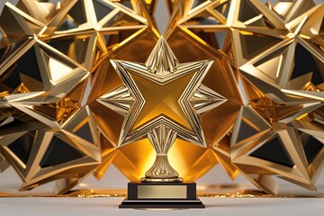 Ornate Trophy Design with Three-Dimensional Star Geometry and Dazzling Gold Background