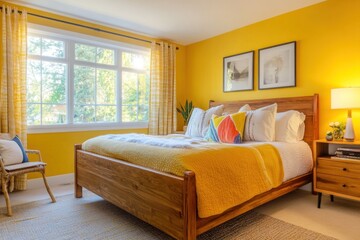 Sunny yellow bedroom with wooden bed, yellow throw, and natural light.